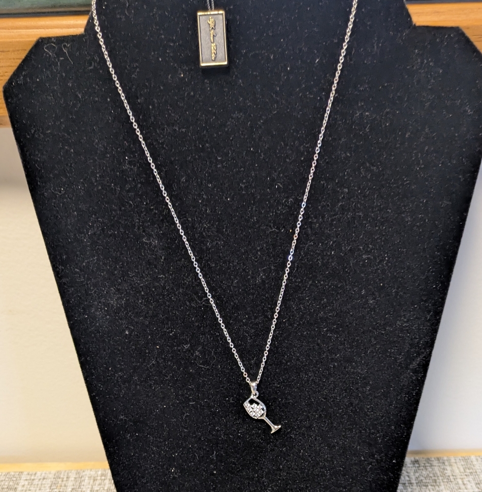 Elegant Silver Necklace with Wine Glass Pendant 22" Approx End To End  Wine Not